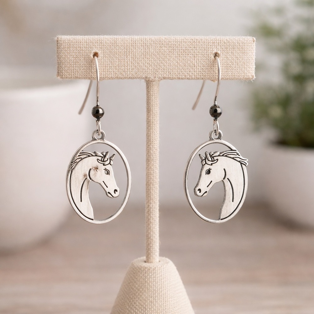 Sienna Sky Earrings Sterling Silver Hook Horse Head in Oval Frame Matte Silver